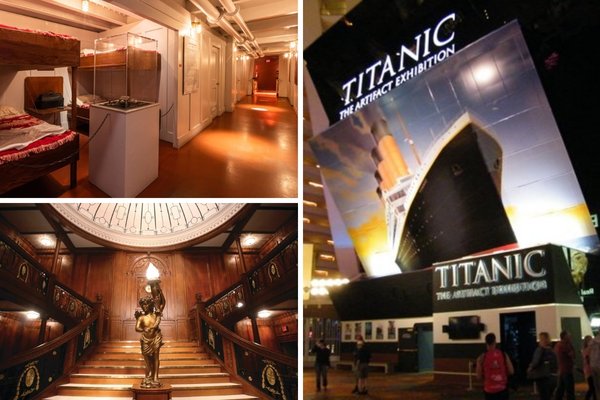 Titanic The Exhibition Las Vegas Discount Tickets - the entrance to the attraction and various exhibits inside the museum are shown.