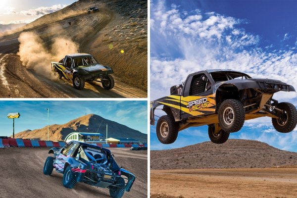 Collage of off-road racing trucks at Vegas Off-Road Experience with airborne jump, dust trail, and desert track