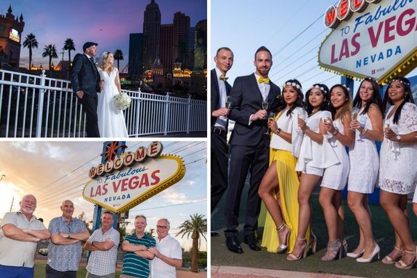 Collage of Las Vegas photo tour moments featuring a bride and groom on a twilight bridge with city skyline, a group of men posing at the Welcome to Fabulous Las Vegas sign, and a mixed group in formal attire celebrating with drinks in front of the same iconic landmark.