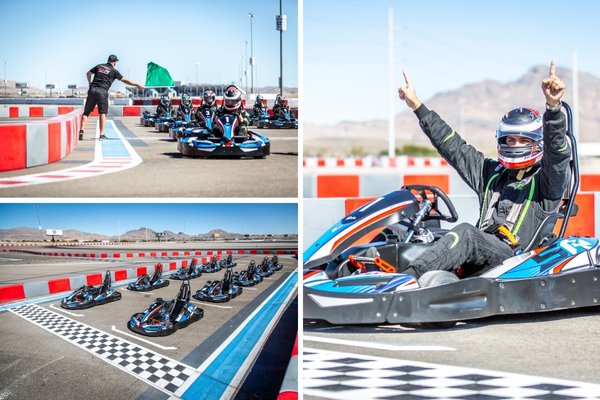 Collage of go-kart racing at Vegas Superkarts featuring the race start with drivers in helmets and suits, karts accelerating past the checkered line, and a victorious racer celebrating with arms raised in a sleek blue and black kart.