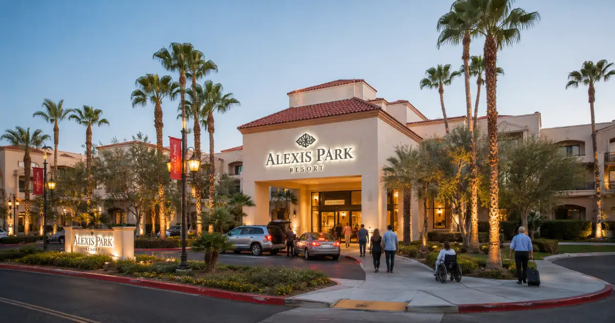Guests arrive at the landscaped entrance of Alexis Park Resort in Las Vegas.