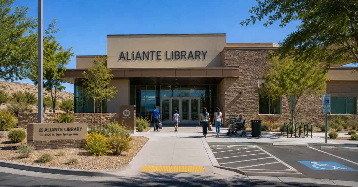Families approach the Aliante Library entrance on West Deer Springs Way in North Las Vegas.