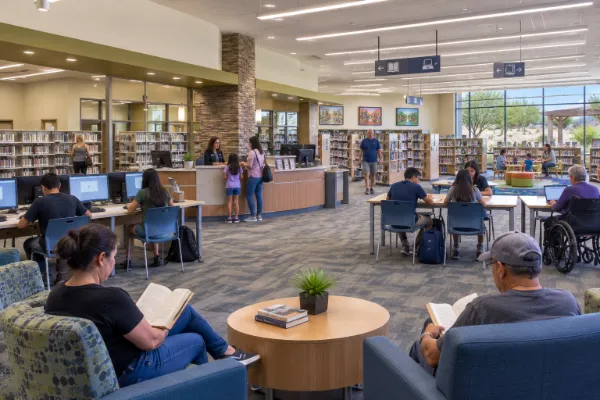 Patrons read, study, and use public computers inside Aliante Library in North Las Vegas.