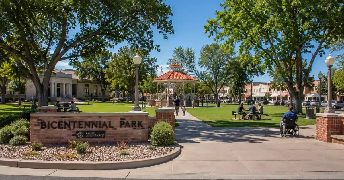 Families enjoy the lawn, mature trees, and gazebo bandstand at Boulder City Bicentennial Park.