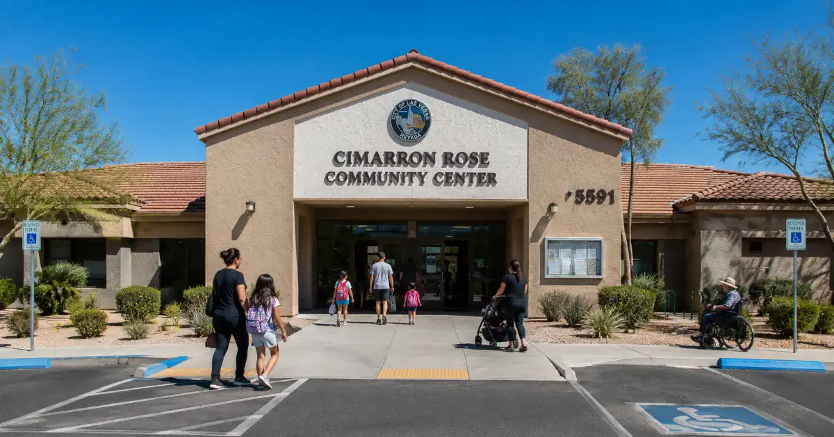Cimarron Rose Community Center entrance with its tan facade, permanent lettering, and landscaped public approach in northwest Las Vegas.
