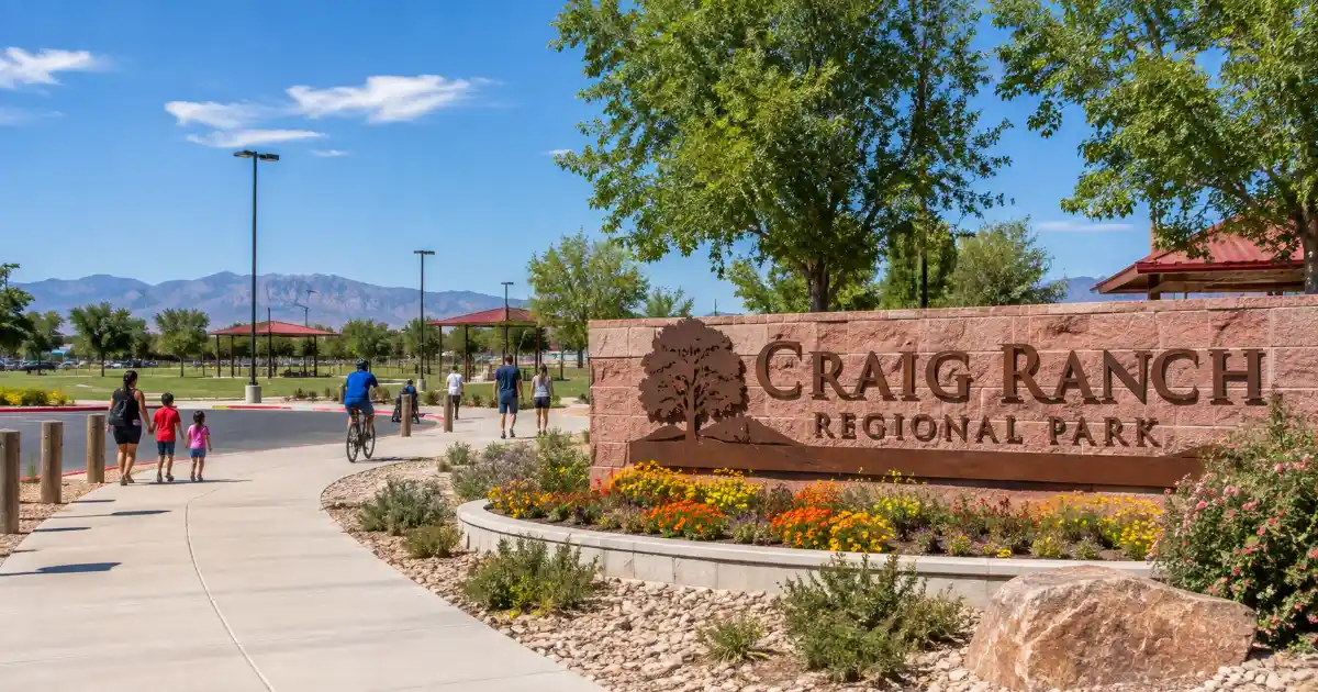 Craig Ranch Regional Park entrance sign and landscaped pedestrian approach in North Las Vegas.