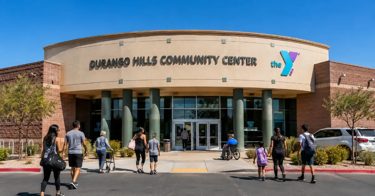 Durango Hills Community Center YMCA entrance with its curved facade and public approach in northwest Las Vegas.