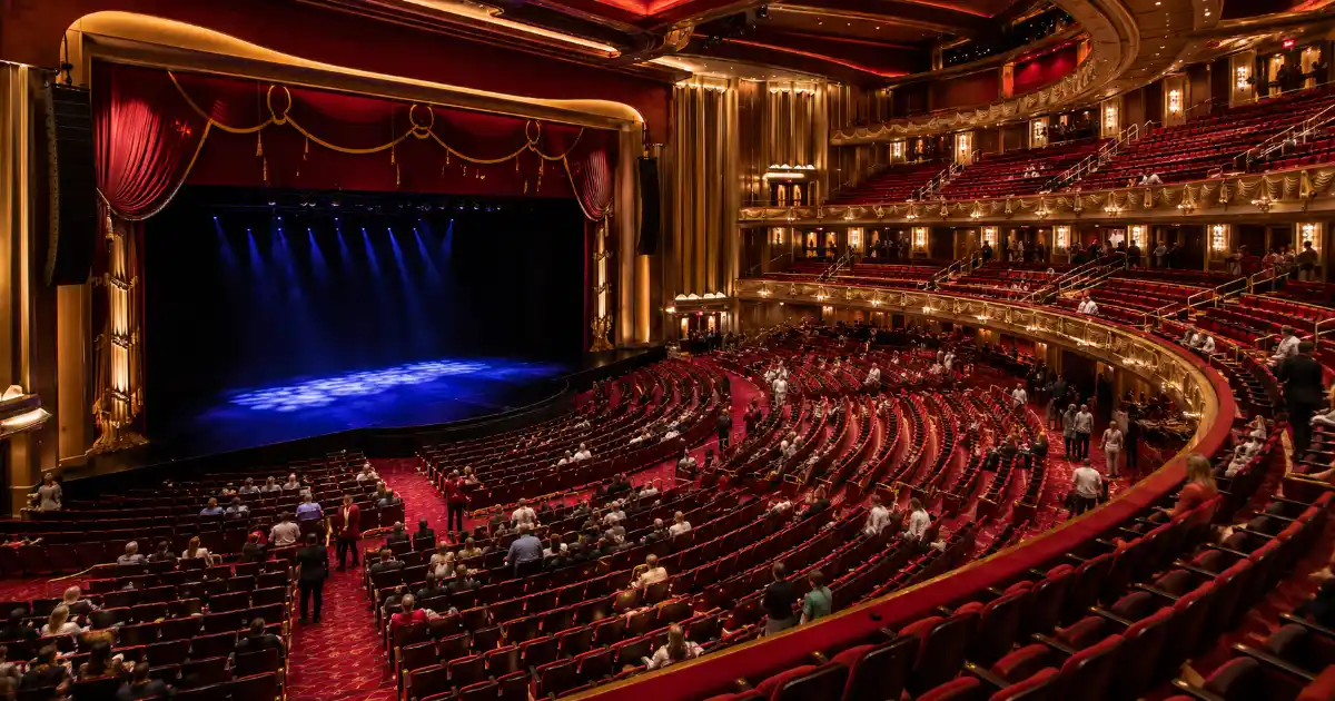 Red seating, an elegant proscenium, and warm architectural lighting define Encore Theater at Wynn Las Vegas.
