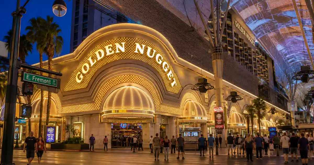 Golden Nugget Las Vegas entrance and illuminated facade beneath the Fremont Street Experience canopy downtown.