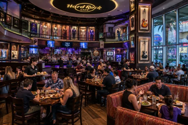 Guests dine among music memorabilia inside Hard Rock Cafe Las Vegas Strip at Showcase Mall.