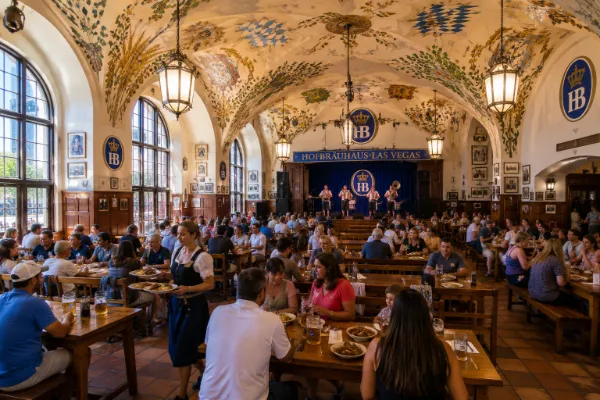 Diners share communal tables beneath the painted ceiling inside the Bier Hall at Hofbräuhaus Las Vegas.