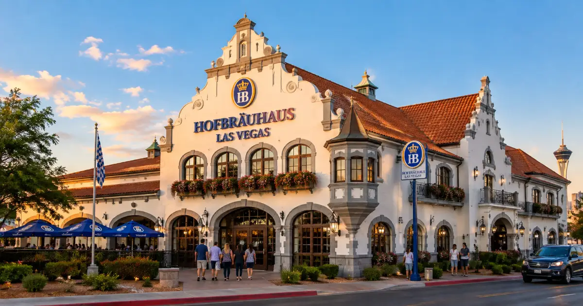 Hofbräuhaus Las Vegas exterior with its Bavarian-style facade, red-tile roof, HB emblems, and Paradise Road entrance.