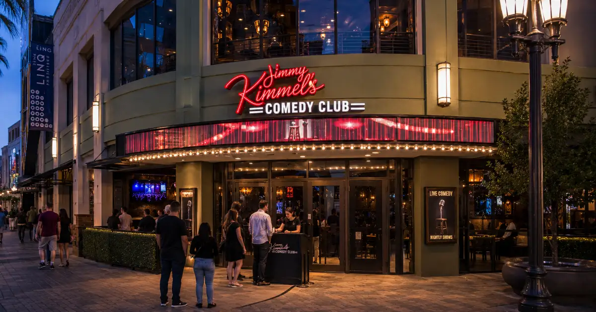 Jimmy Kimmel’s Comedy Club entrance and red marquee lettering at The LINQ Promenade in Las Vegas.