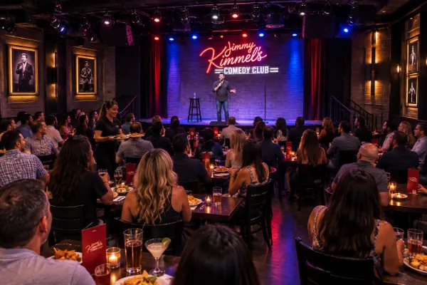Table seating faces the stand-up stage inside Jimmy Kimmel’s Comedy Club at The LINQ Promenade.