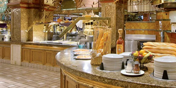 The pizza and Italian food station at the Garden Court Buffet at Main Street Station, a popular downtown Las Vegas buffet with classic Victorian-style decor.