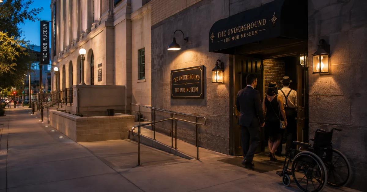 Guests approach the discreet entrance to The Underground at The Mob Museum in Downtown Las Vegas.