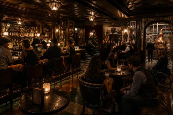 Guests enjoy cocktails and Prohibition exhibits inside The Underground speakeasy at The Mob Museum.