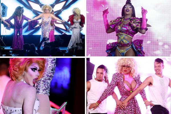 A promotional image for the Drag Brunch at Hard Rock Cafe Las Vegas, showing a drag queen in a colorful dress posing in front of a Hard Rock Cafe sign.