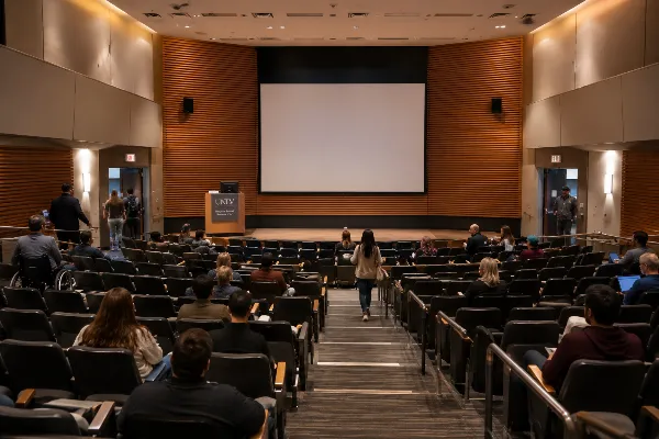 Students and museum visitors take their seats for a presentation inside the Barrick Museum Auditorium at UNLV.