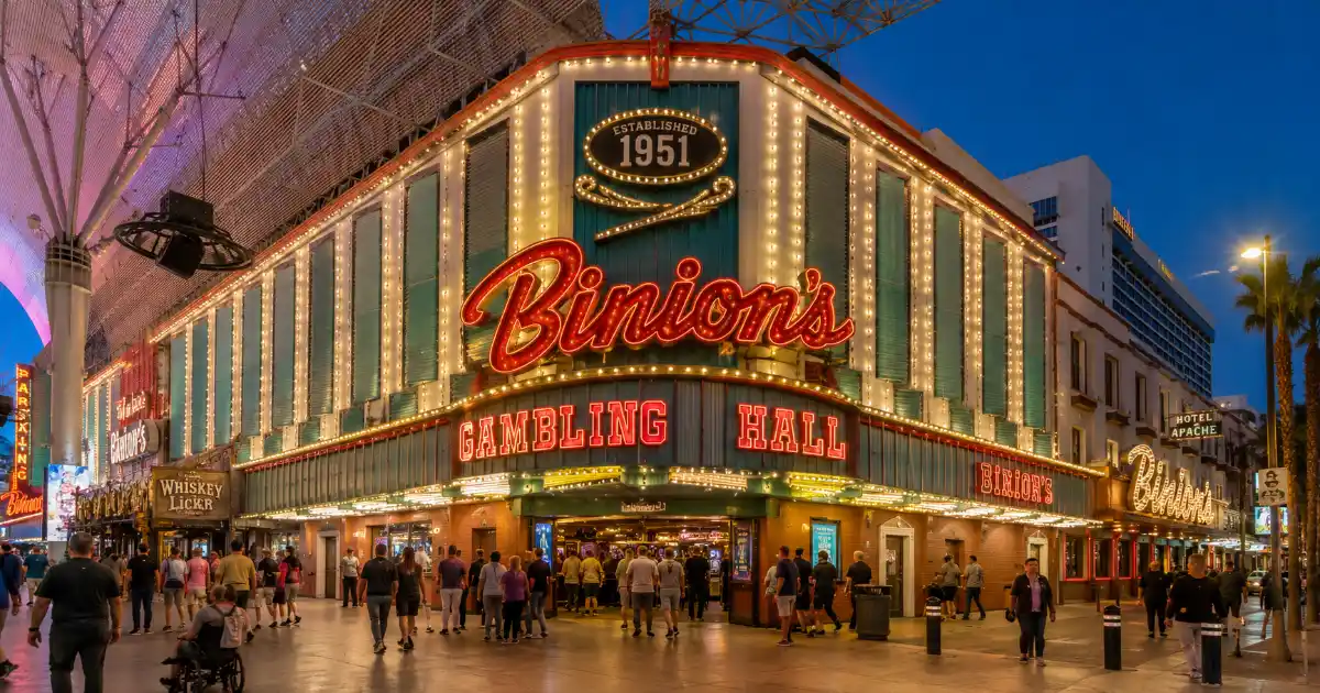 Binion's Gambling Hall & Hotel welcomes pedestrians beneath the Fremont Street Experience canopy in downtown Las Vegas.