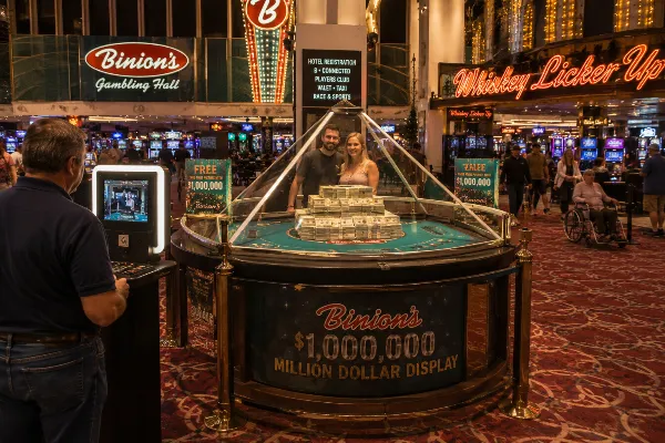 Adult visitors pose behind the protected Million Dollar Display inside Binion's Gambling Hall in downtown Las Vegas.