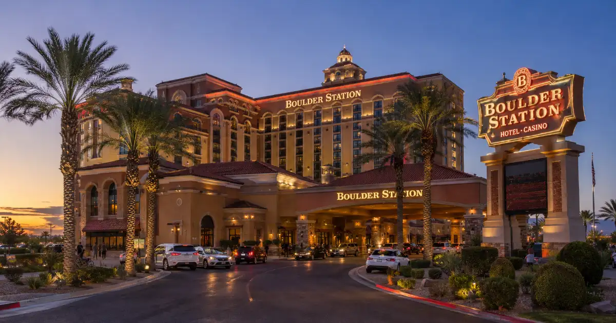 The entrance and hotel tower of Boulder Station Hotel & Casino on Boulder Highway in Las Vegas.