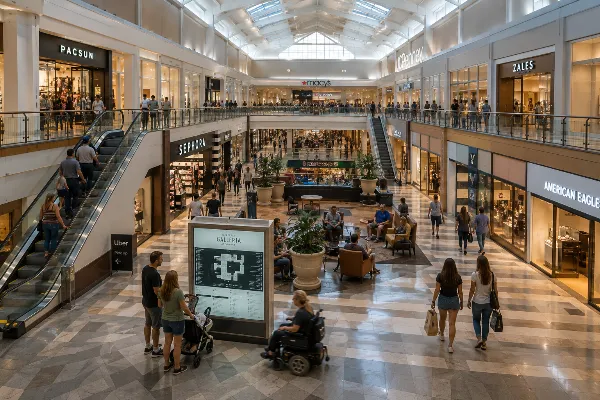 Families and shoppers move through the multilevel interior concourse at Mershops Galleria at Sunset in Henderson.