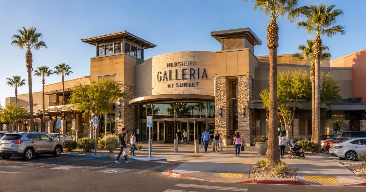 Shoppers approach the main entrance of Mershops Galleria at Sunset in Henderson, Nevada.