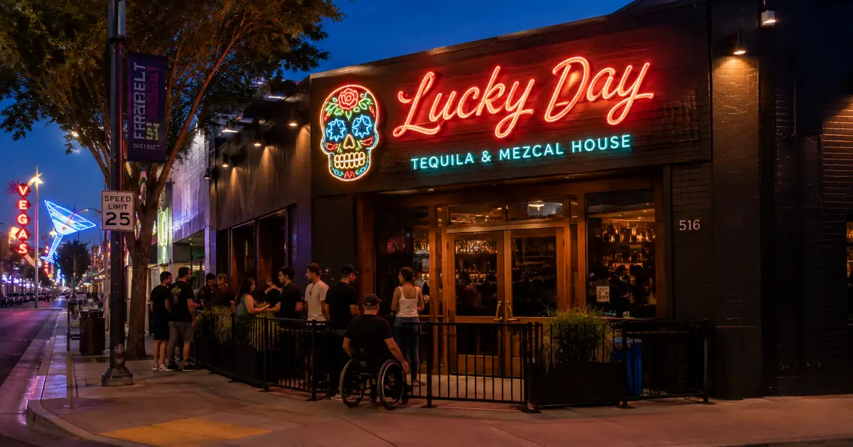 Adult guests arrive beneath the colorful neon entrance of Lucky Day Tequila & Mezcal House in Downtown Las Vegas.