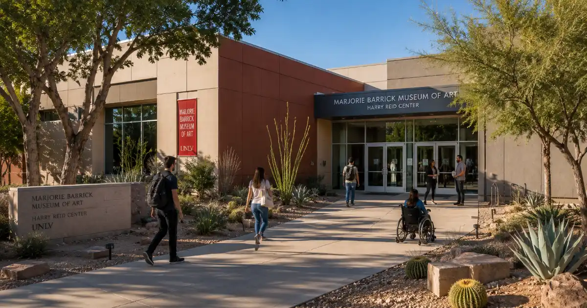 Visitors approach the Marjorie Barrick Museum of Art entrance on the UNLV campus in Las Vegas.