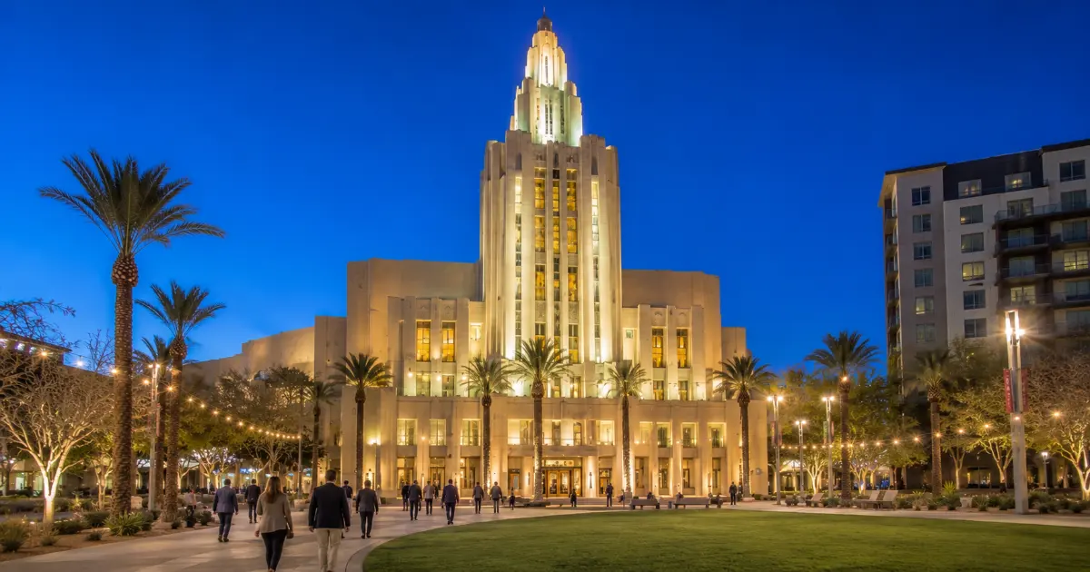 The Smith Center’s illuminated limestone façade, bell tower, palm-lined walkways, and Symphony Park lawn at twilight.
