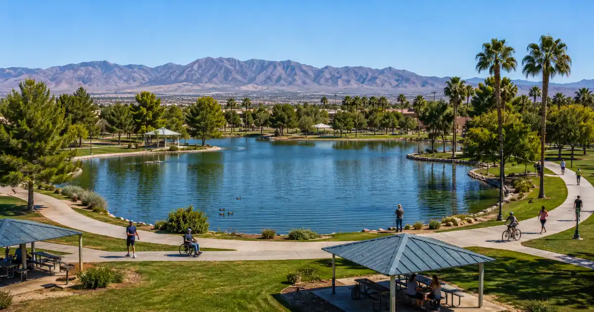 Families, walkers, and anglers enjoy Sunset Lake and tree-lined paths at Sunset Park in Las Vegas.