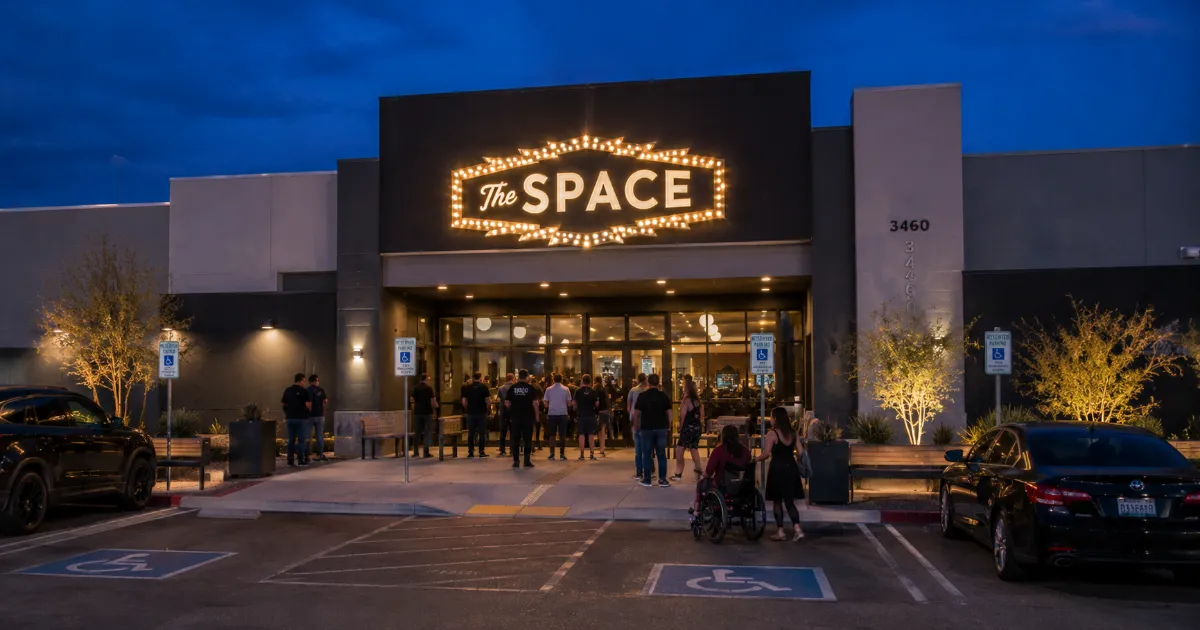 Guests arrive beneath the illuminated marquee at The Space event venue on Cavaretta Court in Las Vegas.