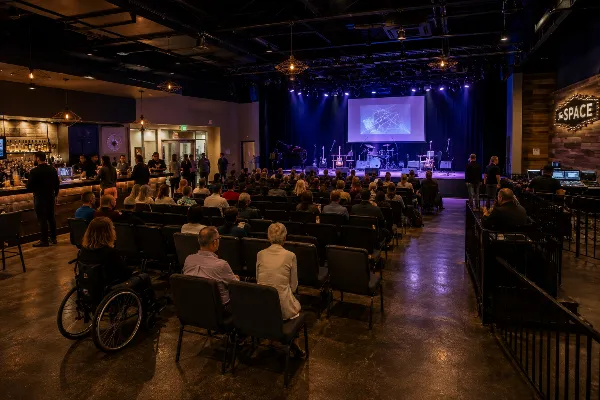 Patrons take their seats before a live performance inside the flexible theater at The Space Las Vegas.