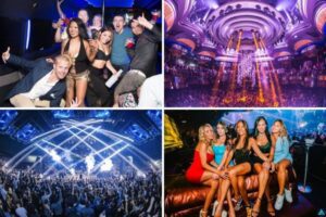 Four-panel collage of LA Epic Club Crawl in Las Vegas featuring partygoers posing with drinks, dancing in packed nightclubs, and enjoying VIP lounge seating under vibrant lights.