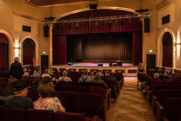 The restored auditorium and live-performance stage at Boulder Theatre are prepared for a community production in Boulder City.