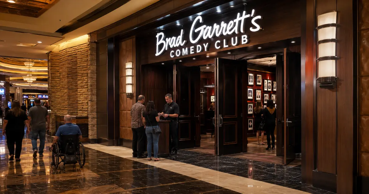 Visitors arrive outside Brad Garrett's Comedy Club inside MGM Grand in Las Vegas before an evening comedy performance.