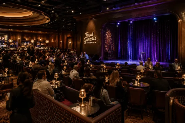 The intimate showroom at Brad Garrett's Comedy Club inside MGM Grand is prepared for an evening stand-up comedy performance in Las Vegas.