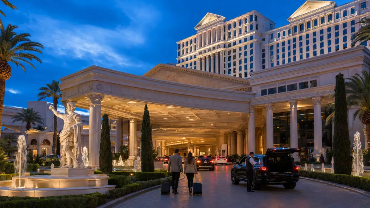 Caesars Palace hotel towers and Roman-inspired main entrance illuminated at twilight on the Las Vegas Strip.