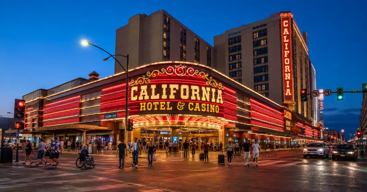 Guests approach the neon-lit California Hotel & Casino entrance in downtown Las Vegas at blue hour.
