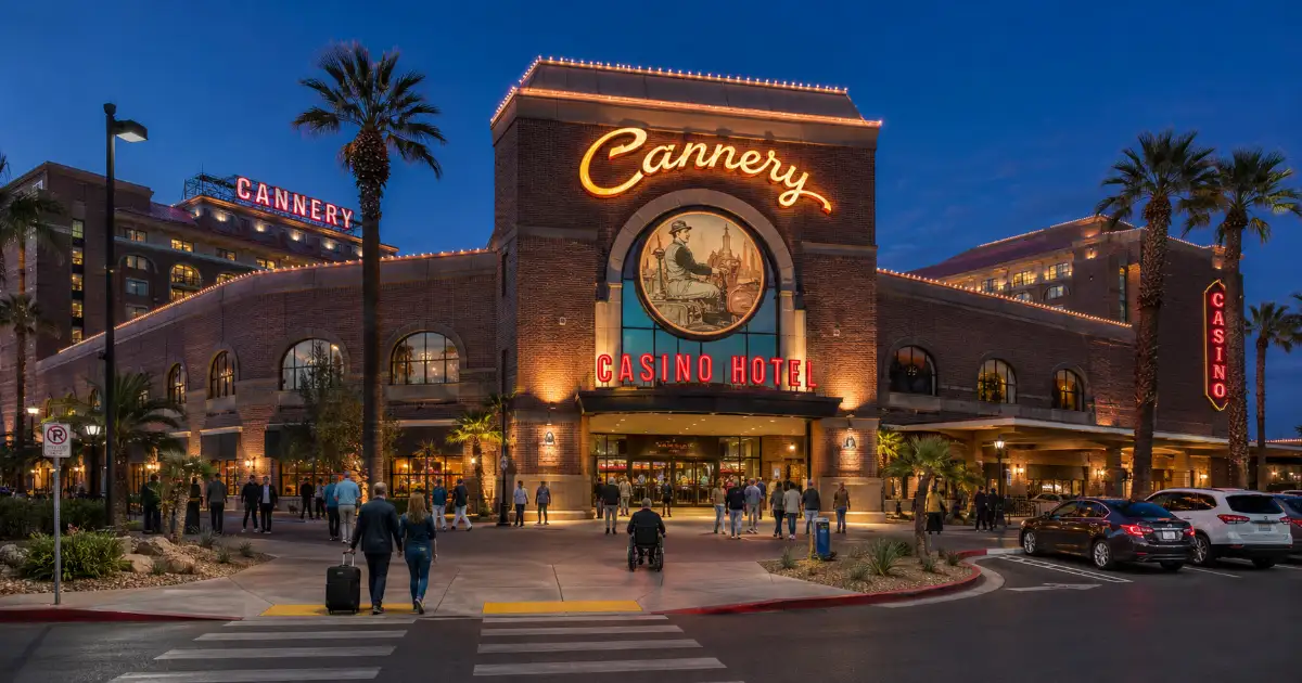 Guests approach the illuminated brick entrance of Cannery Casino Hotel in North Las Vegas at blue hour.