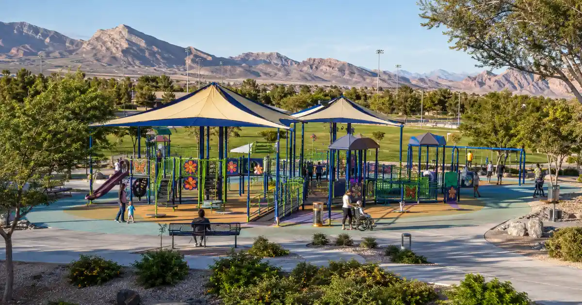 Families use the colorful all-abilities playground and paved recreation paths at Centennial Hills Park in northwest Las Vegas.