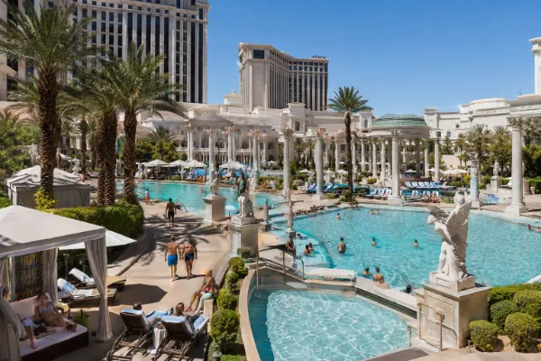 Roman-inspired pools, cabanas, and landscaped walkways at the Garden of the Gods Pool Oasis at Caesars Palace.