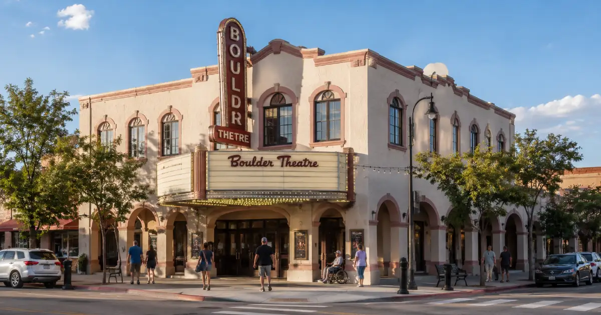 The historic Boulder Theatre marquee and arched entrance face Arizona Street in downtown Boulder City, Nevada.