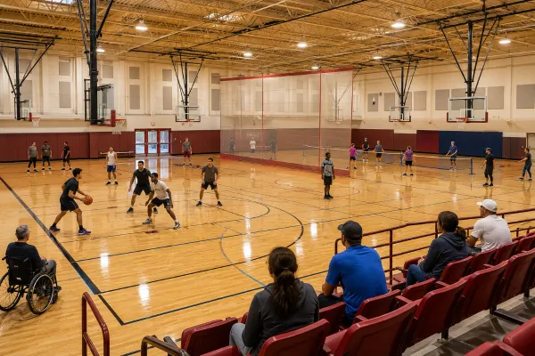 Athletes play basketball and prepare for indoor recreation inside the Chuck Minker Sports Complex gymnasium.