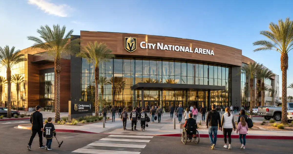 Families and youth skaters approach the glass entrance of City National Arena in Downtown Summerlin.