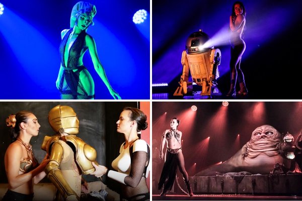 A promotional image for The Empire Strips Back Burlesque Parody, showing a woman with a Stormtrooper helmet and a whip on a stage with a red neon sign of the show's name in the background.