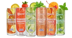 Six distinct 21ROCS Ultra-Premium Canned Cocktail flavors, showcasing the variety of ready-to-drink options.