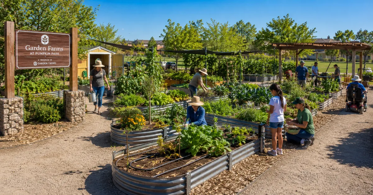 Families and volunteers tend raised vegetable beds at the Garden Farms community garden inside Pumpkin Park in Henderson.