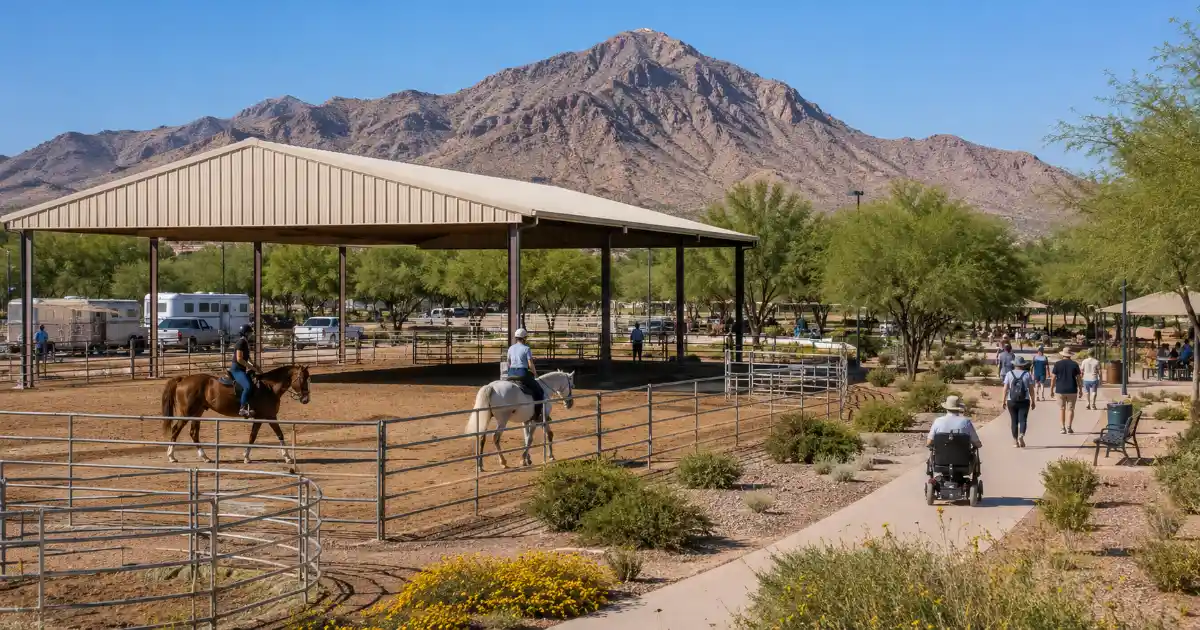 Horseback riders use the covered equestrian area at Lone Mountain Park with the mountain rising behind them in northwest Las Vegas.